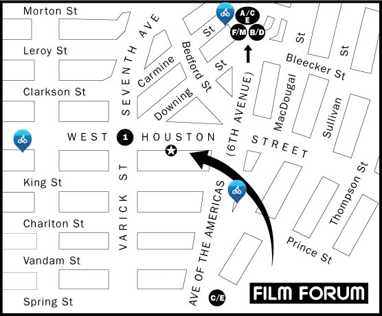 Map of the area around Film Forum with links for Citibike docks